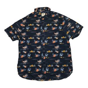 Denim & Flower Button Up Short Sleeve Men's XL Slim Fit Hawaii Vacation AOP